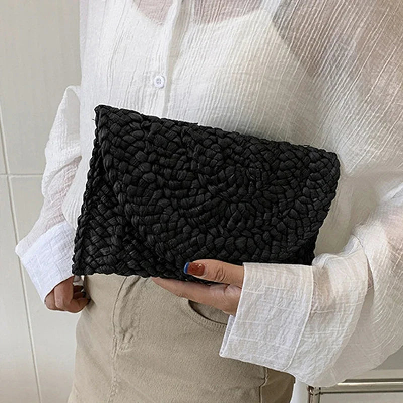 Fashionable Corn Husk Straw Bags Hand-woven Women Clutch Envelope Handbag Long Purse For Female Summer Beach Bag bolsa 2024 Zaian