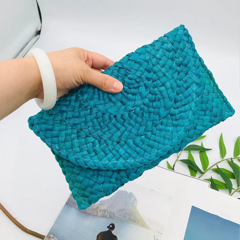 Fashionable Corn Husk Straw Bags Hand-woven Women Clutch Envelope Handbag Long Purse For Female Summer Beach Bag bolsa 2024 Zaian