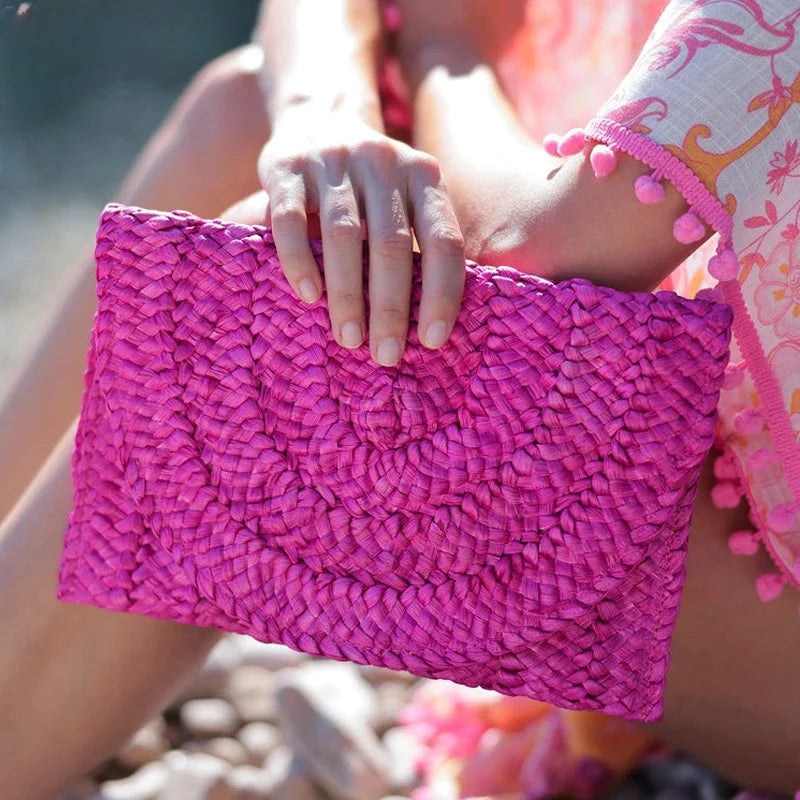 Fashionable Corn Husk Straw Bags Hand-woven Women Clutch Envelope Handbag Long Purse For Female Summer Beach Bag bolsa 2024 Zaian