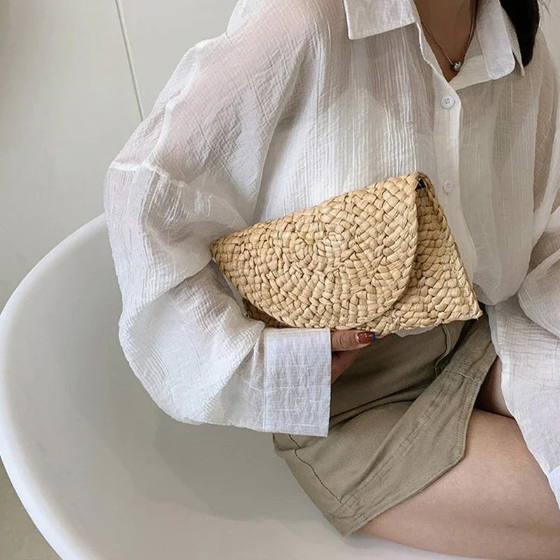 Fashionable Corn Husk Straw Bags Hand-woven Women Clutch Envelope Handbag Long Purse For Female Summer Beach Bag bolsa 2024 Zaian