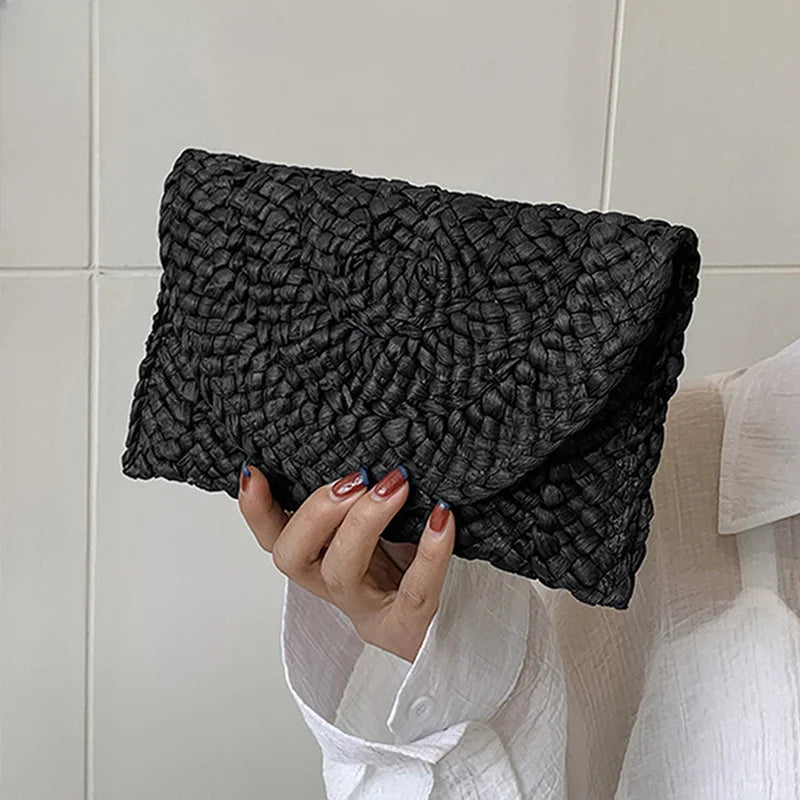 Fashionable Corn Husk Straw Bags Hand-woven Women Clutch Envelope Handbag Long Purse For Female Summer Beach Bag bolsa 2024 Zaian