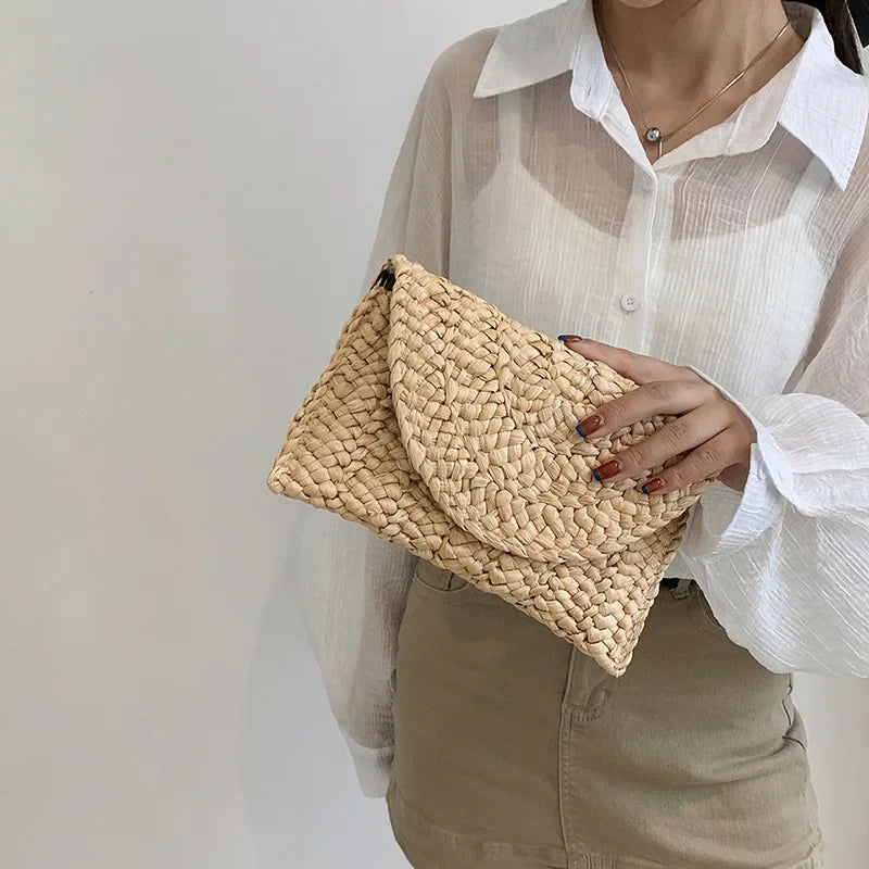 Fashionable Corn Husk Straw Bags Hand-woven Women Clutch Envelope Handbag Long Purse For Female Summer Beach Bag bolsa 2024 Zaian