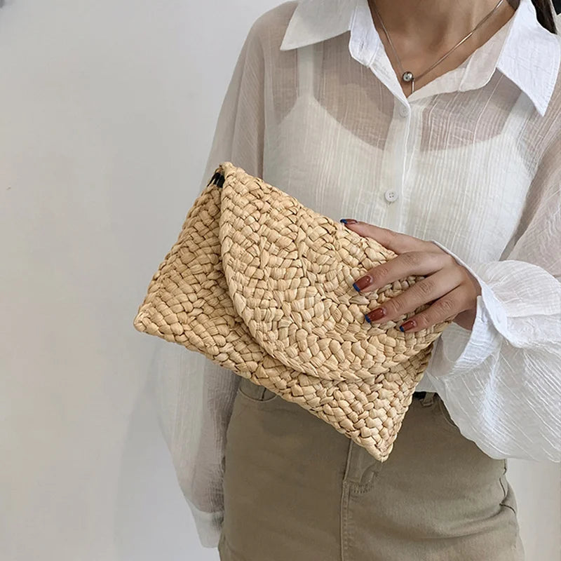 Fashionable Corn Husk Straw Bags Hand-woven Women Clutch Envelope Handbag Long Purse For Female Summer Beach Bag bolsa 2024 Zaian