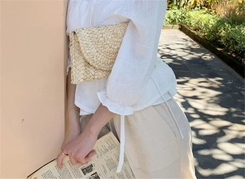 Fashionable Corn Husk Straw Bags Hand-woven Women Clutch Envelope Handbag Long Purse For Female Summer Beach Bag bolsa 2024 Zaian