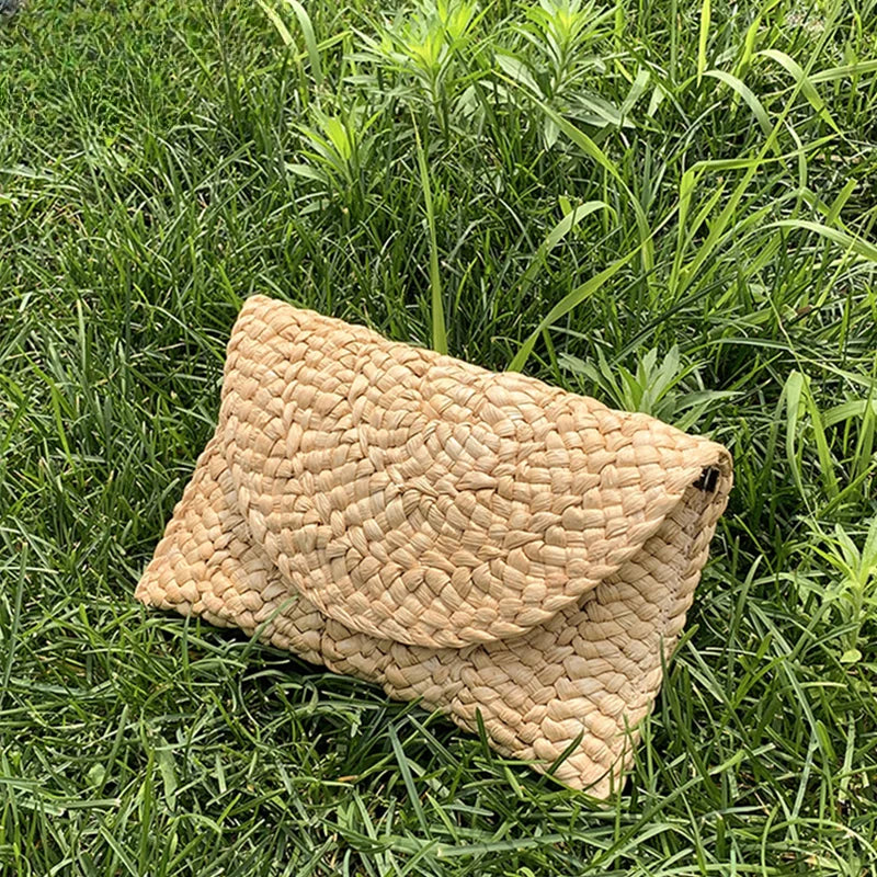 Fashionable Corn Husk Straw Bags Hand-woven Women Clutch Envelope Handbag Long Purse For Female Summer Beach Bag bolsa 2024 Zaian