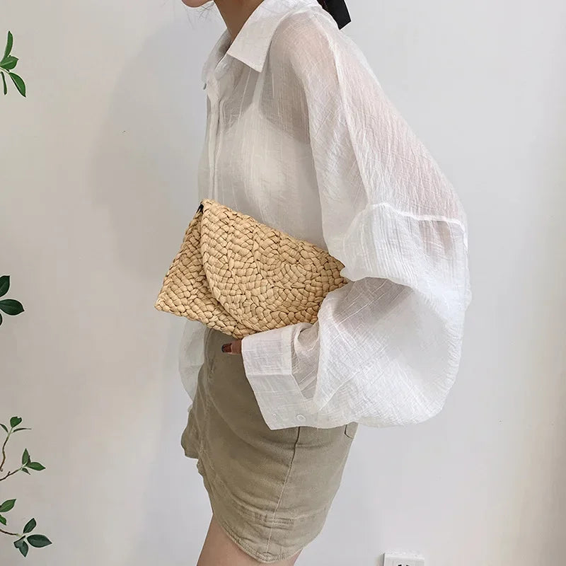 Fashionable Corn Husk Straw Bags Hand-woven Women Clutch Envelope Handbag Long Purse For Female Summer Beach Bag bolsa 2024 Zaian